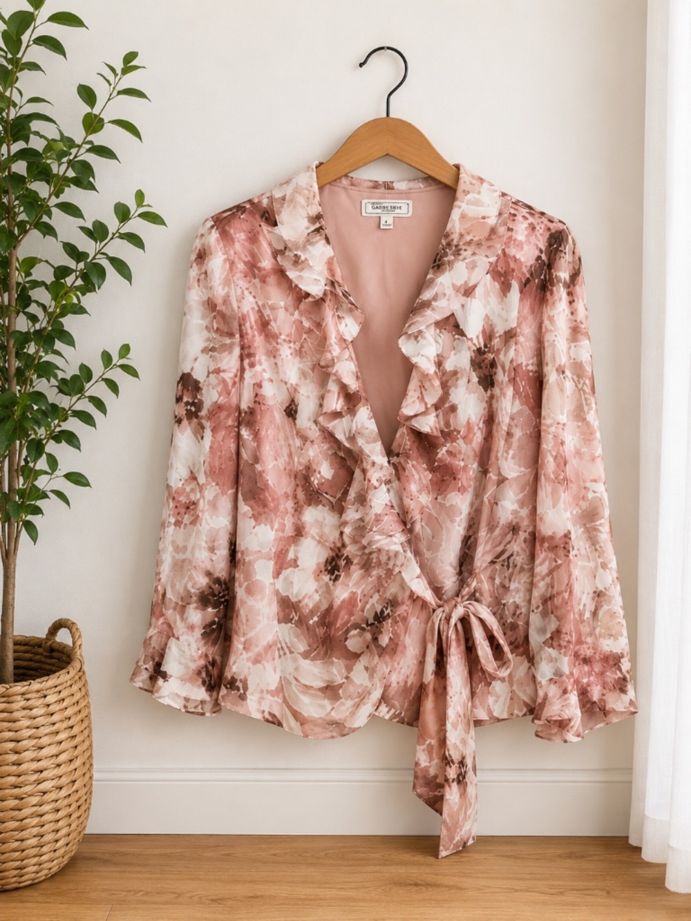 Floral Wrap Blouse Pink Ruffle Tie Front Romantic Feminine Top